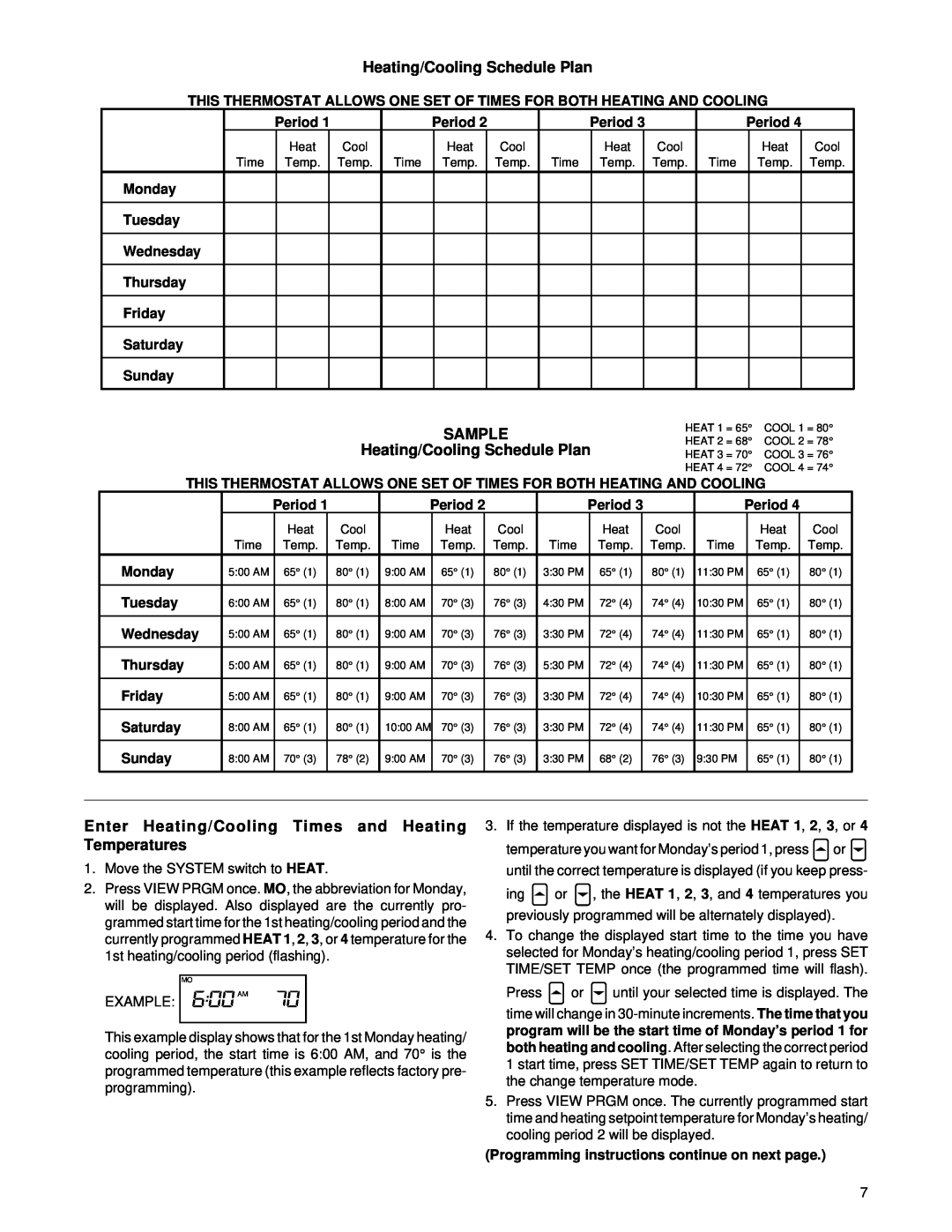 White Rodgers 1F84-51 specifications SAMPLE Heating/Cooling Schedule Plan 