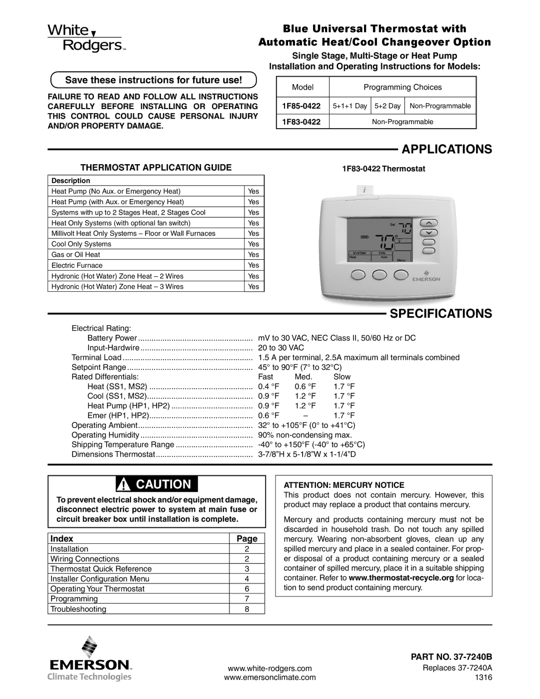 White Rodgers 1F83-0422 Thermostat specifications Save these instructions for future use, 1F85-0422 