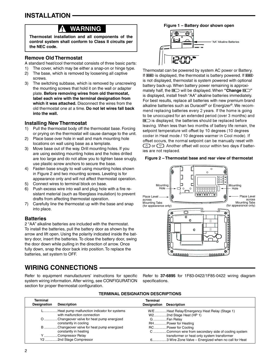 White Rodgers 1F85-0422 Installation, Wiring Connections, Remove Old Thermostat, Installing New Thermostat, Batteries 