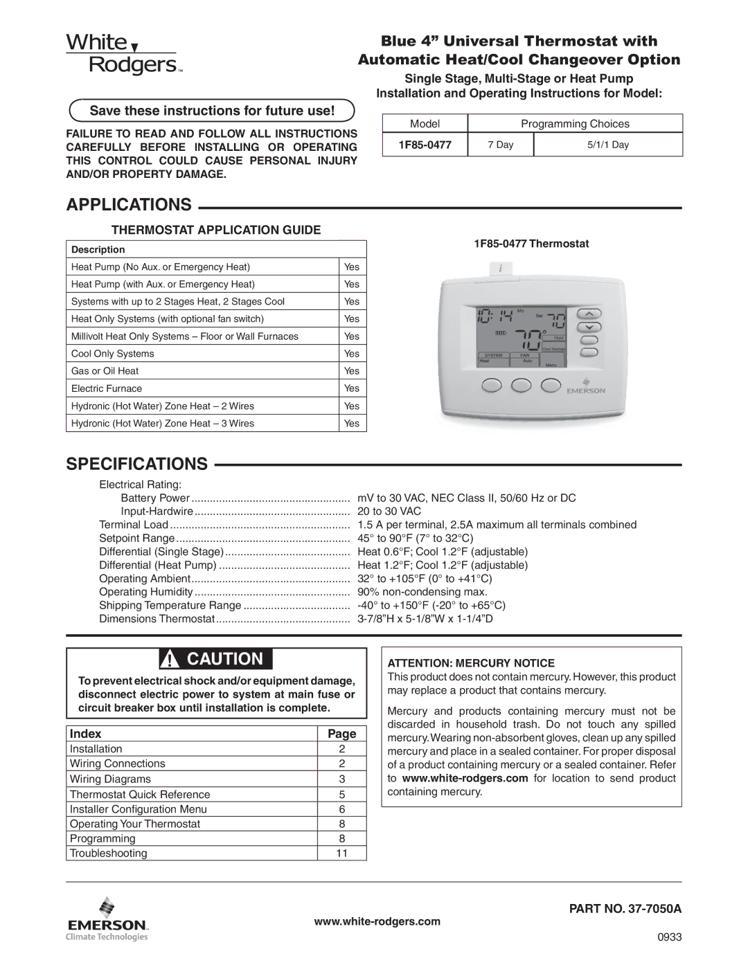 White Rodgers 1F85-0477 specifications Applications, Specifications, Save these instructions for future use 