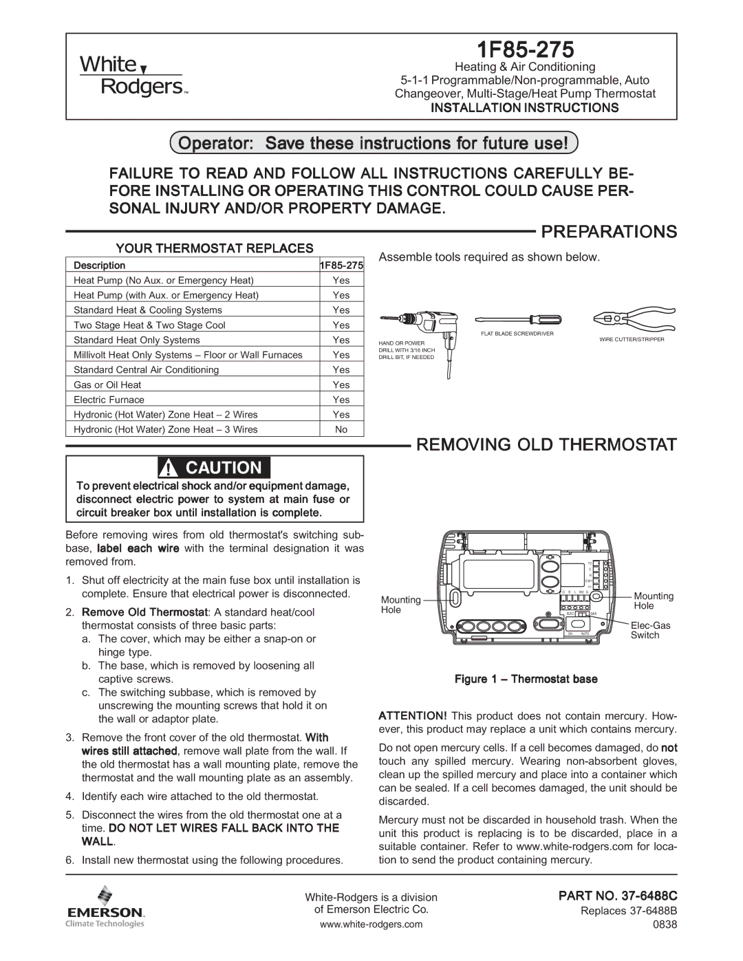 White Rodgers 1F85-275 installation instructions Preparations, Removing OLD Thermostat 