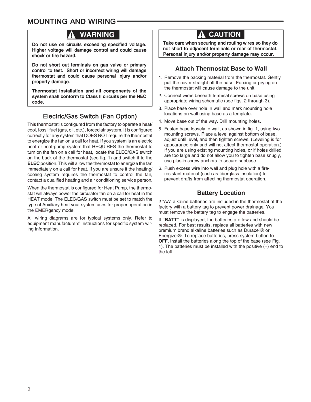 White Rodgers 1F85-275 installation instructions Mounting and Wiring, Electric/Gas Switch Fan Option 