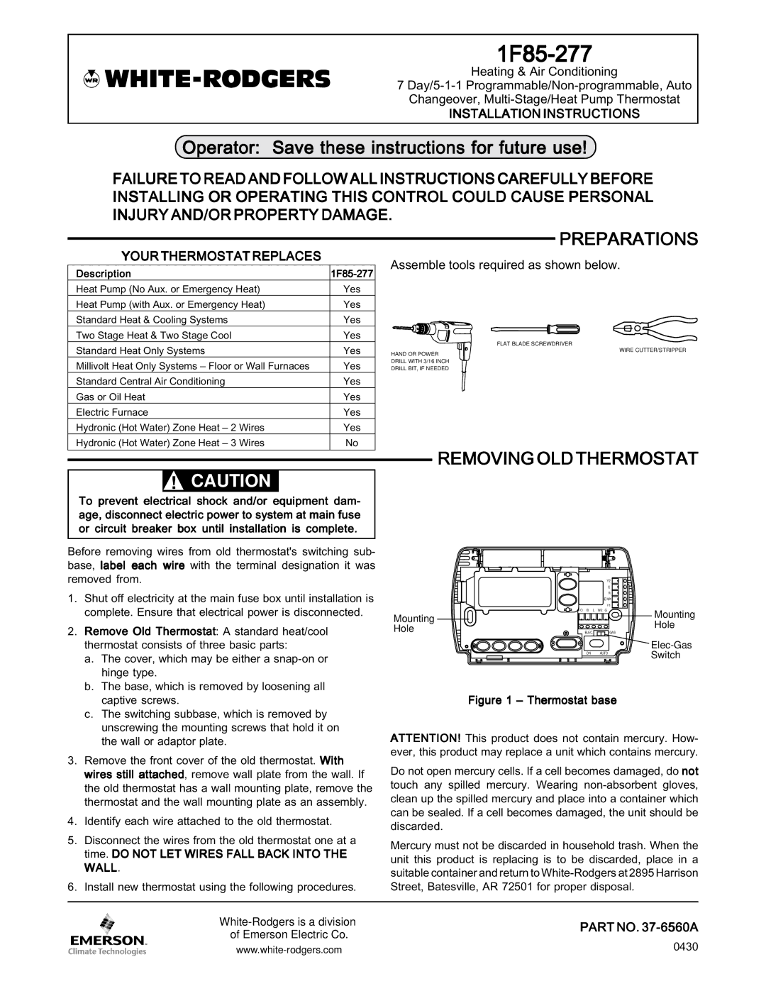 White Rodgers 1F85-277 installation instructions Preparations, Removing OLD Thermostat 