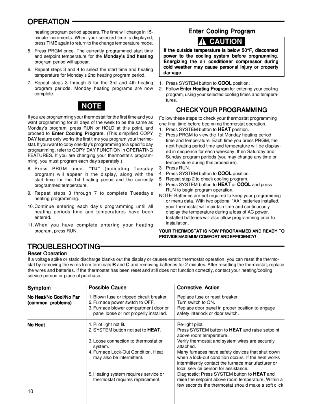 White Rodgers 1F85-277 installation instructions Troubleshooting, Enter Cooling Program, Check Your Programming 