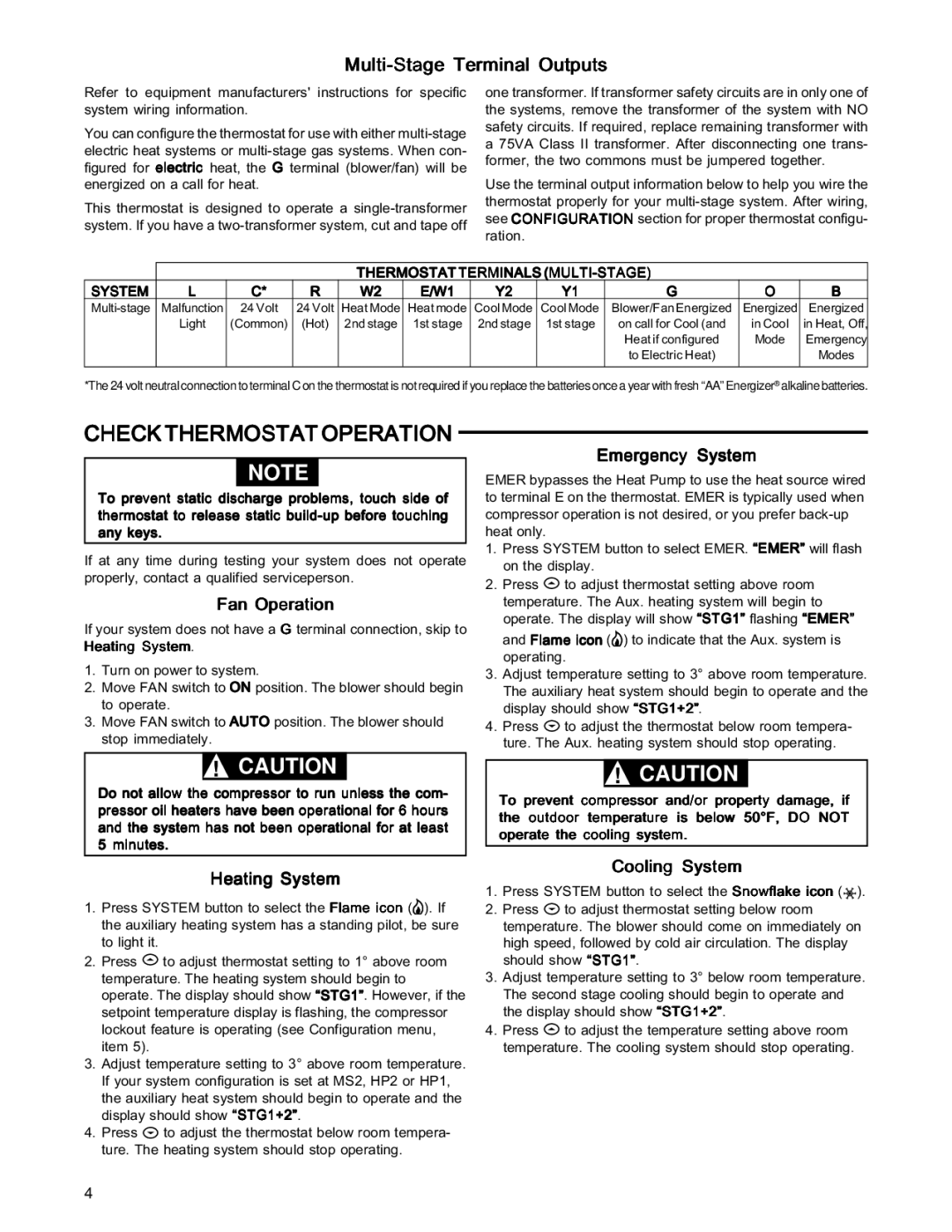 White Rodgers 1F85-277 installation instructions Check Thermostat Operation, Multi-Stage Terminal Outputs 