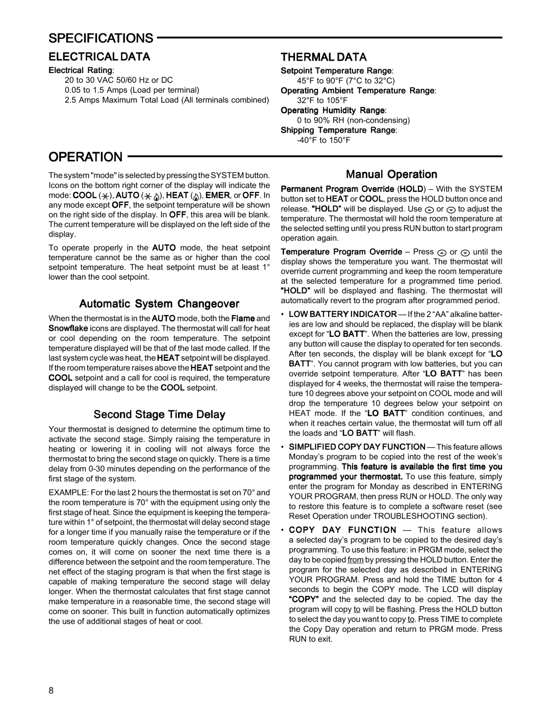 White Rodgers 1F85-277 installation instructions Specifications, Electrical Data, Thermal Data 