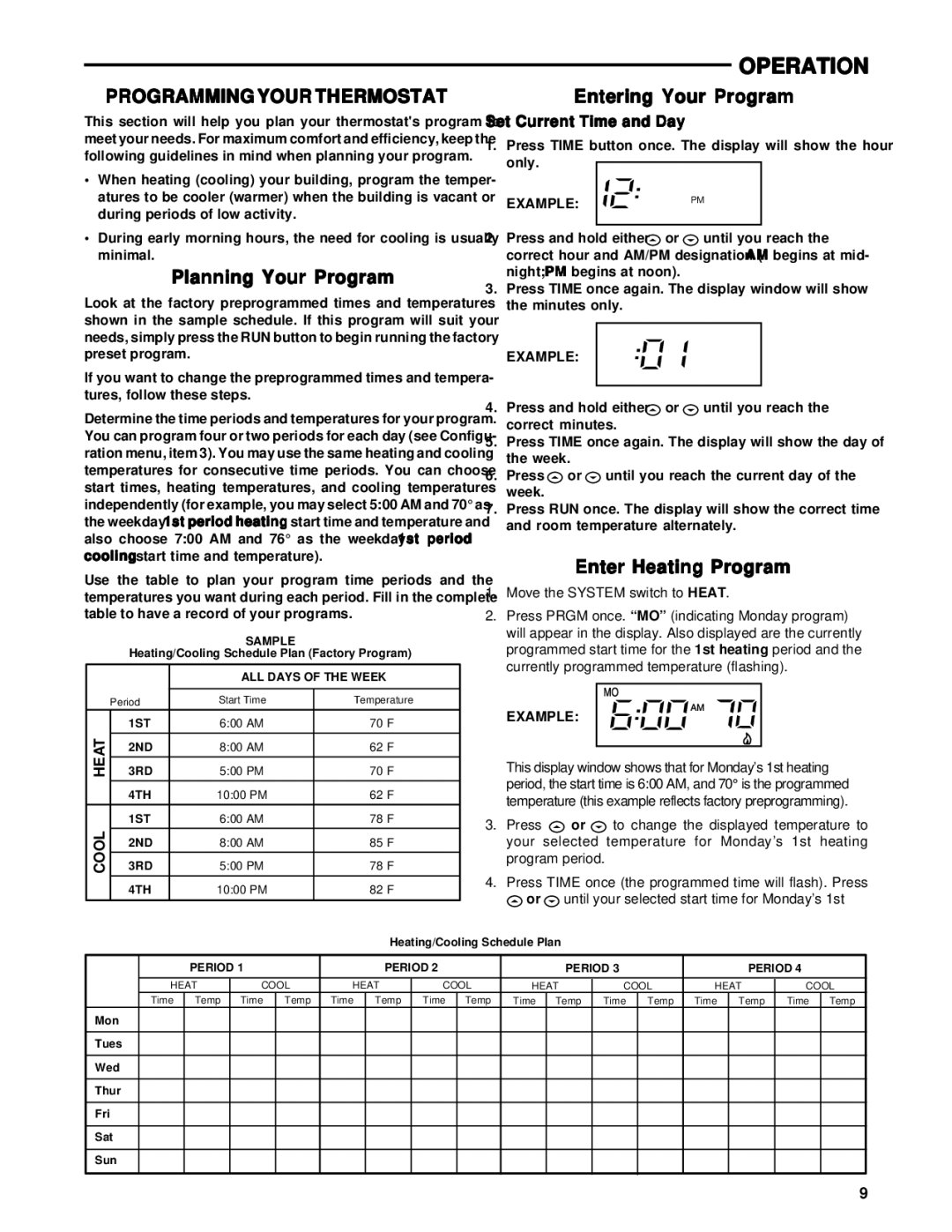 White Rodgers 1F85-277 Programming Your Thermostat, Planning Your Program, Entering Your Program, Enter Heating Program 