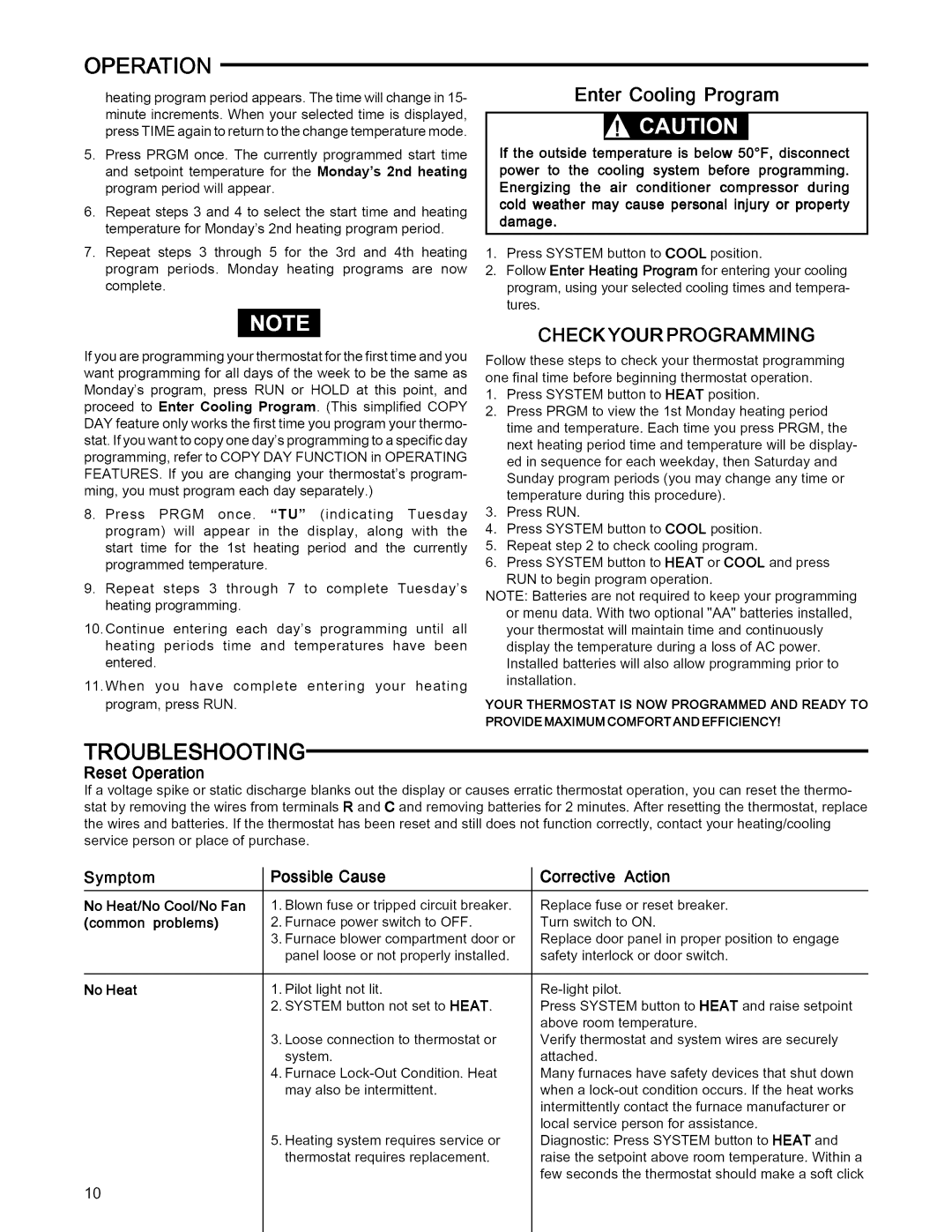 White Rodgers 1F85-277 Troubleshooting, Enter Cooling Program, Checkyour Programming, Possible Cause Corrective Action 