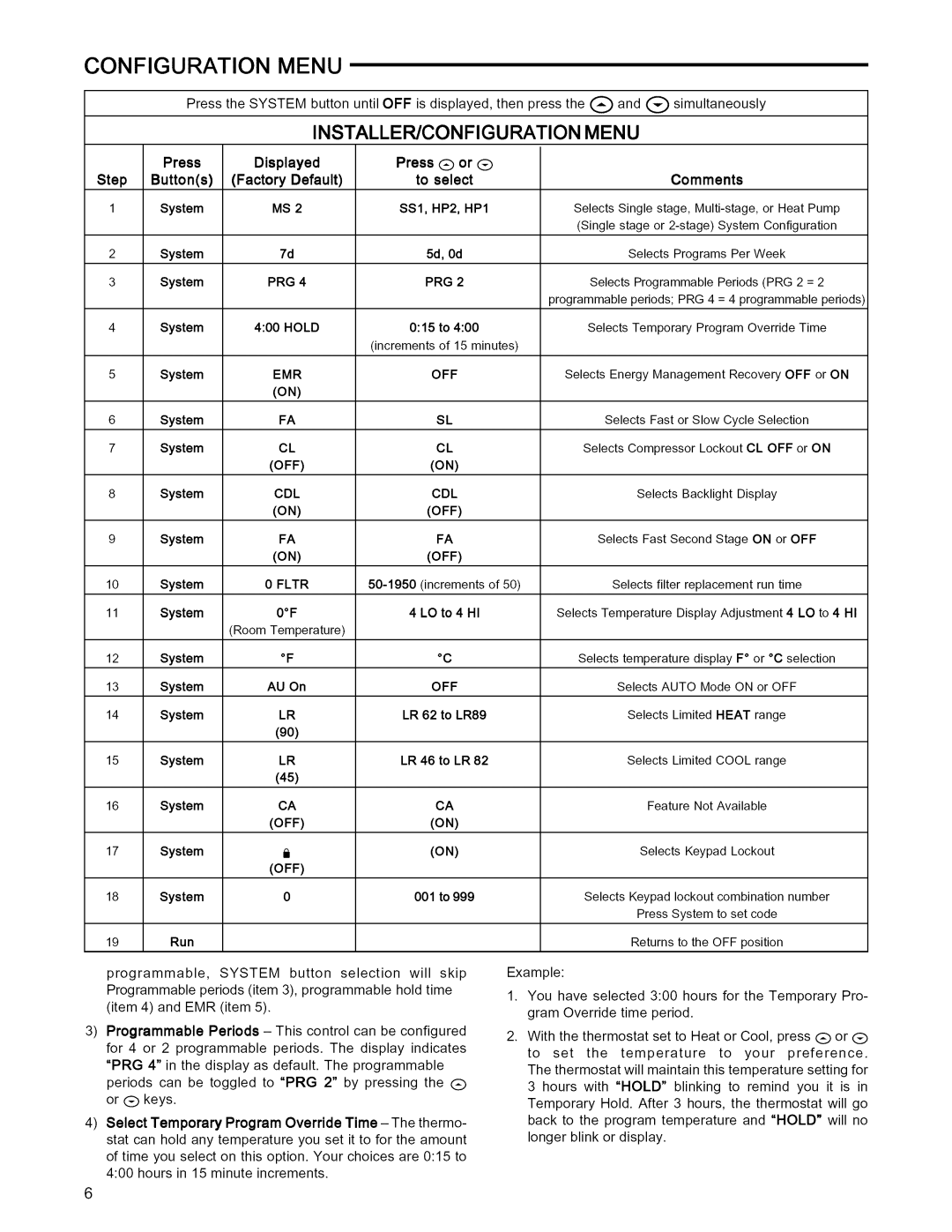 White Rodgers 1F85-277 installation instructions INSTALLER/CONFIGURATION Menu, Comments 