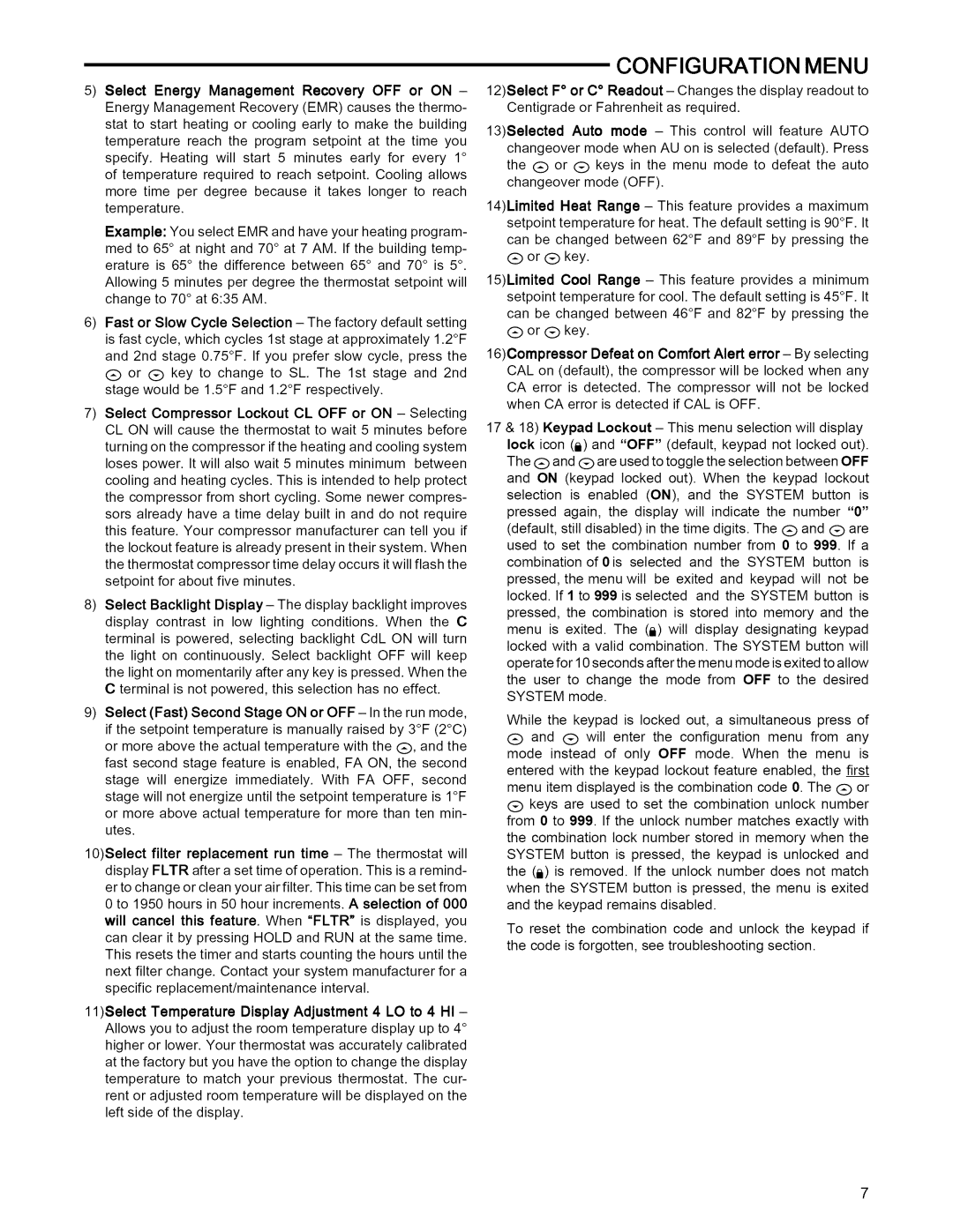 White Rodgers 1F85-277 installation instructions Configuration Menu 