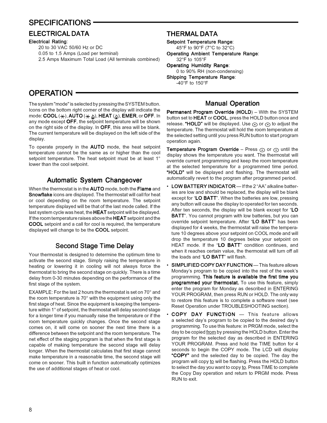 White Rodgers 1F85-277 installation instructions Specifications, Electrical Data, TH E Rmal Data, Second Stage Time Delay 