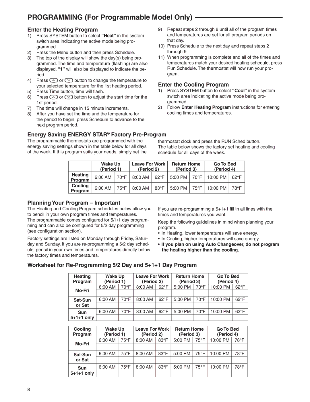 White Rodgers 1F85CA-0471, 1F85-0471 Enter the Heating Program, Enter the Cooling Program, Planning Your Program Important 