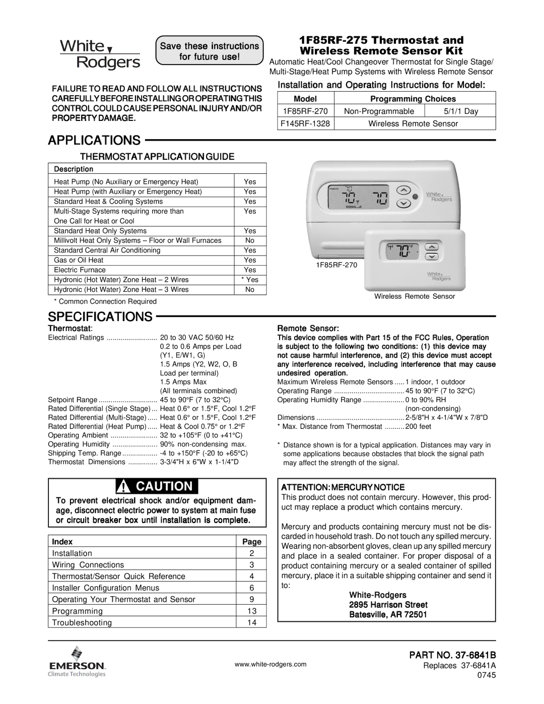 White Rodgers specifications Applications, Specifications, 1F85RF-275 Thermostat and Wireless Remote Sensor Kit 