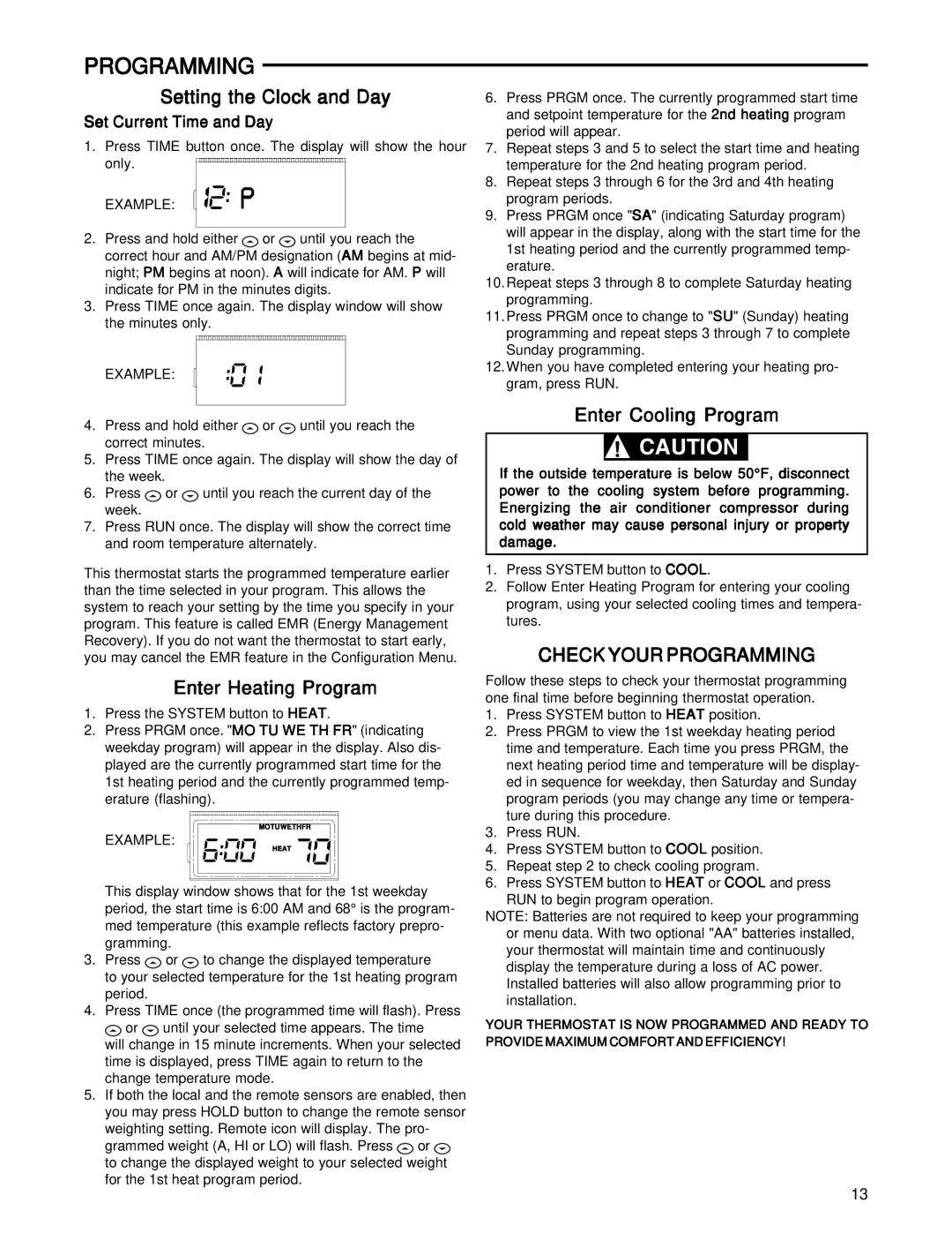 White Rodgers 1F85RF-275 Programming, Setting the Clock and Day, Enter Heating Program, Enter Cooling Program 