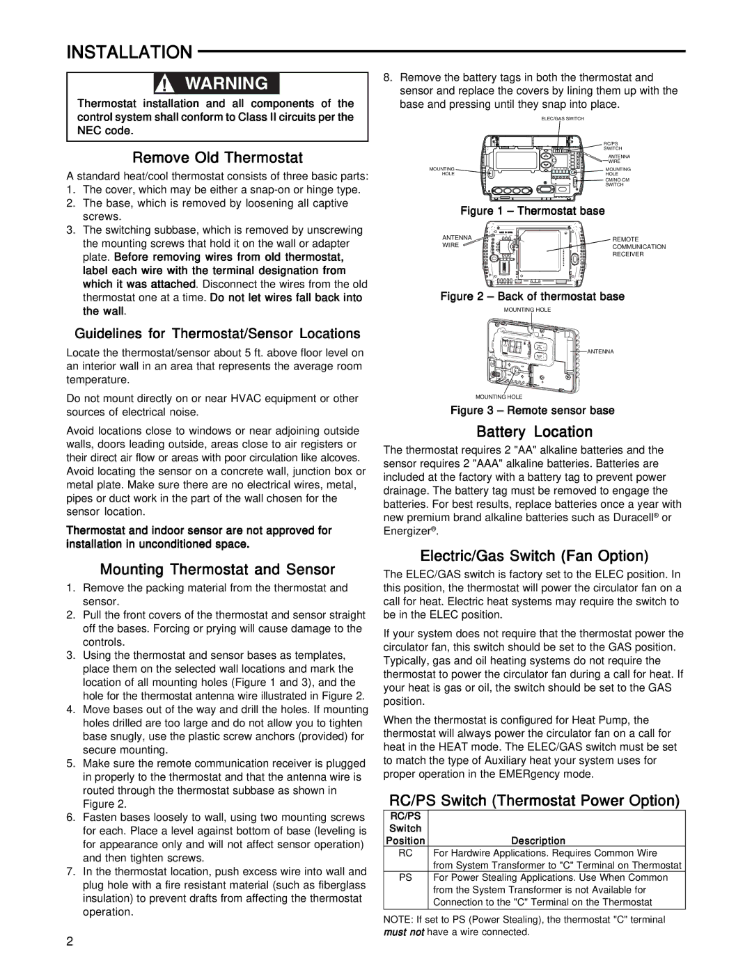 White Rodgers 1F85RF-275 specifications Installation 