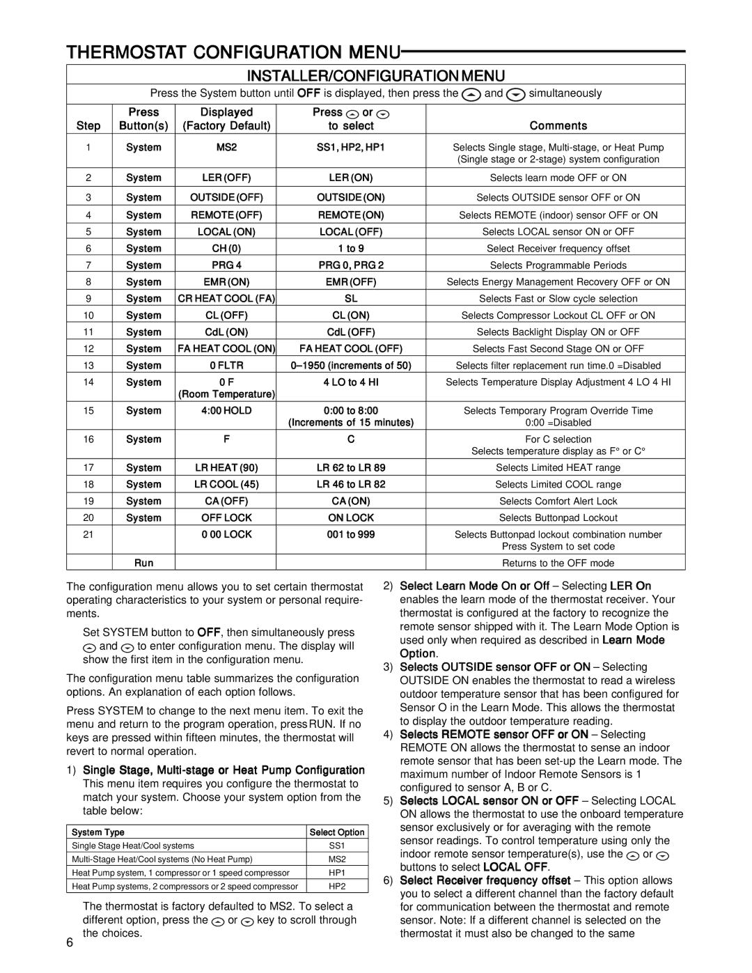 White Rodgers 1F85RF-275 specifications Thermostat Configuration Menu, INSTALLER/CONFIGURATION Menu 