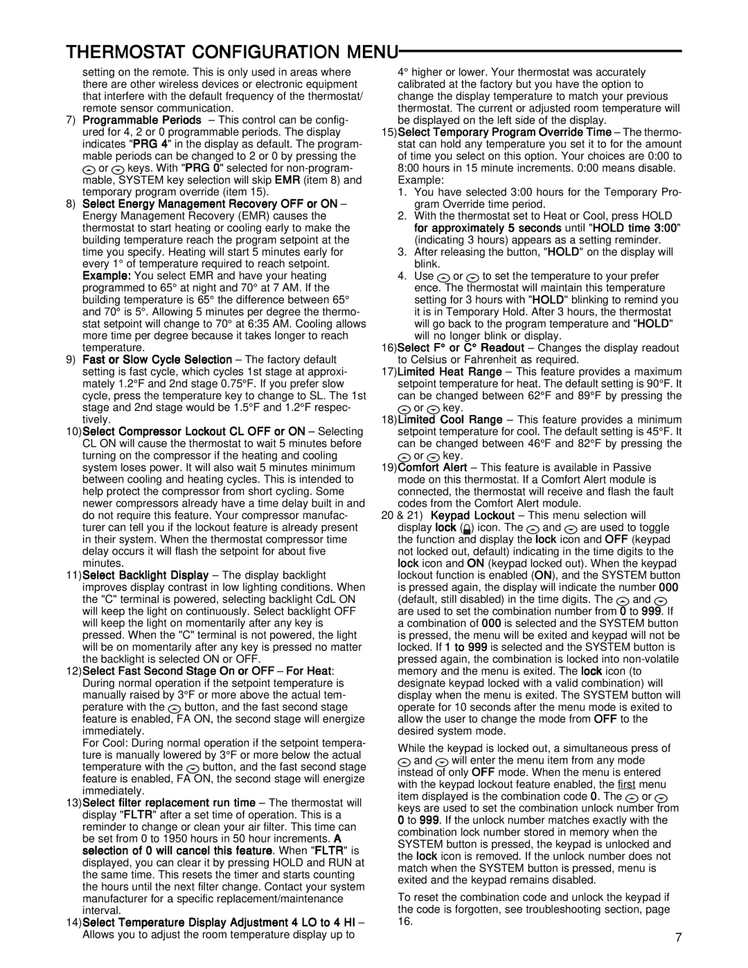 White Rodgers 1F85RF-275 specifications Thermostat Configuration Menu 