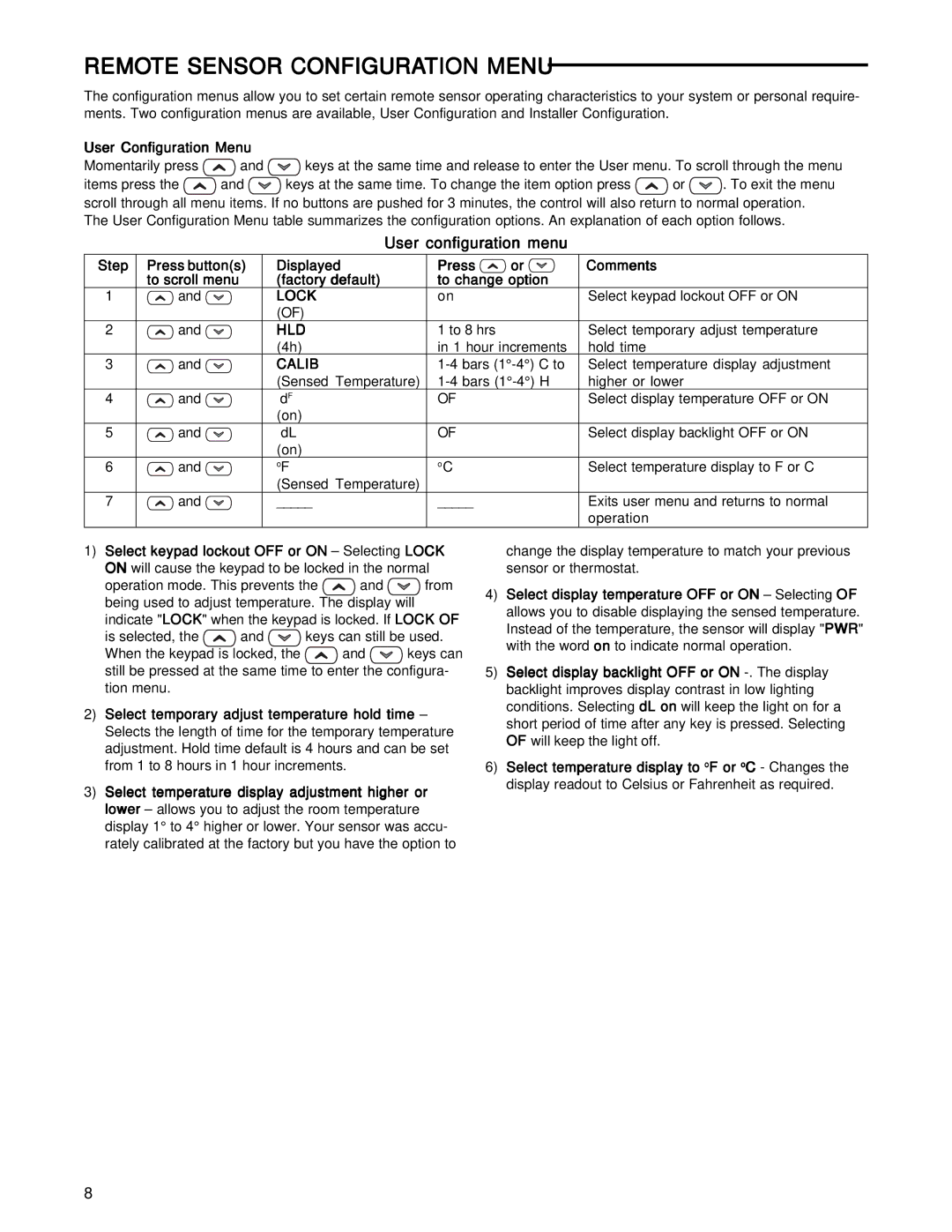 White Rodgers 1F85RF-275 specifications Remote Sensor Configuration Menu, User configuration menu, User Configuration Menu 