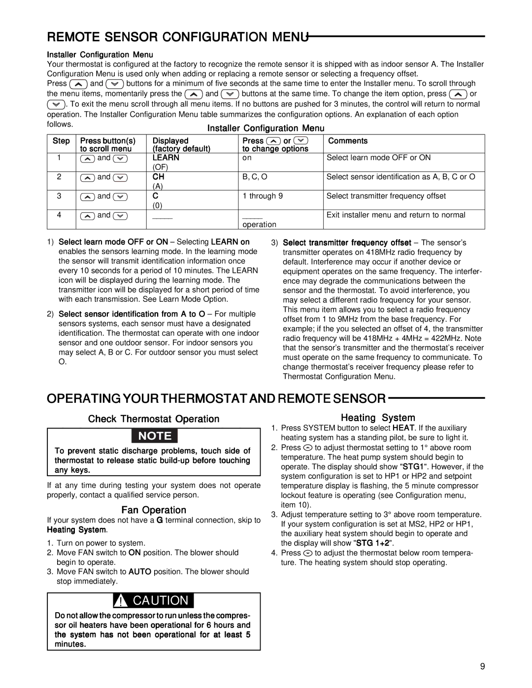 White Rodgers 1F85RF-275 specifications Operating Your Thermostat and Remote Sensor, Installer Configuration Menu 