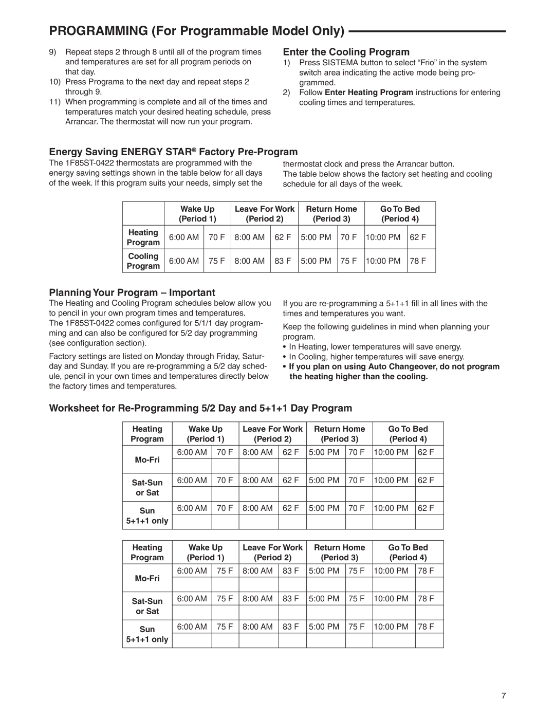 White Rodgers 1F85ST-0422 specifications Enter the Cooling Program, Energy Saving Energy Star Factory Pre-Program 