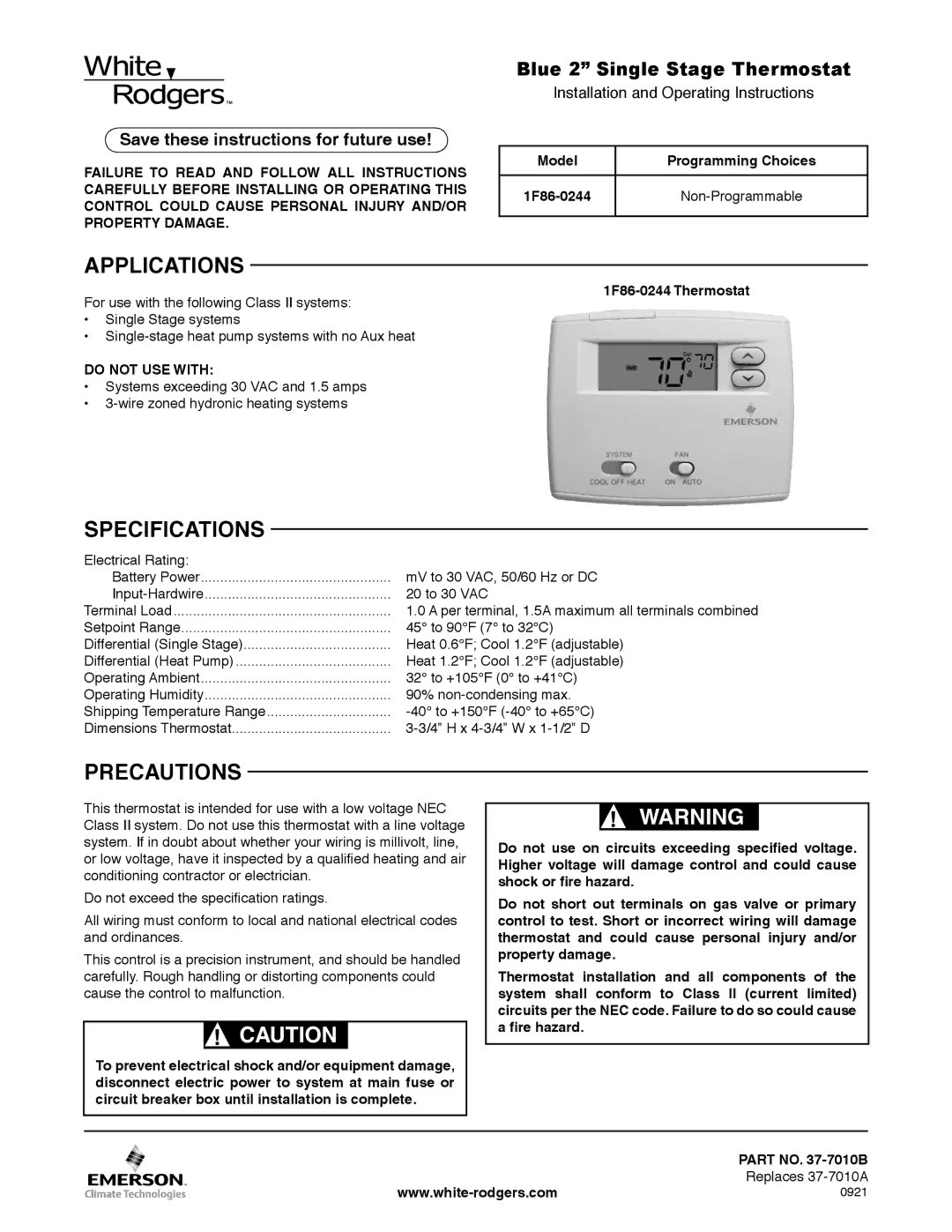 White Rodgers 1F86-0244 specifications Applications, Specifications, Precautions, Blue 2 Single Stage Thermostat 