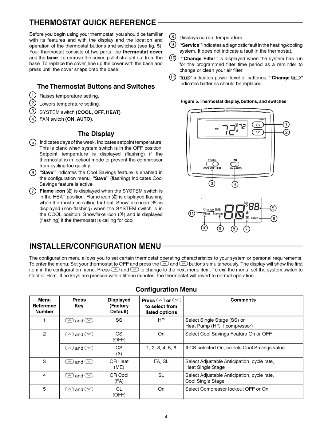 White Rodgers 1F86-0244 Thermostat Quick Reference, INSTALLER/CONFIGURATION Menu, Thermostat Buttons and Switches, Display 