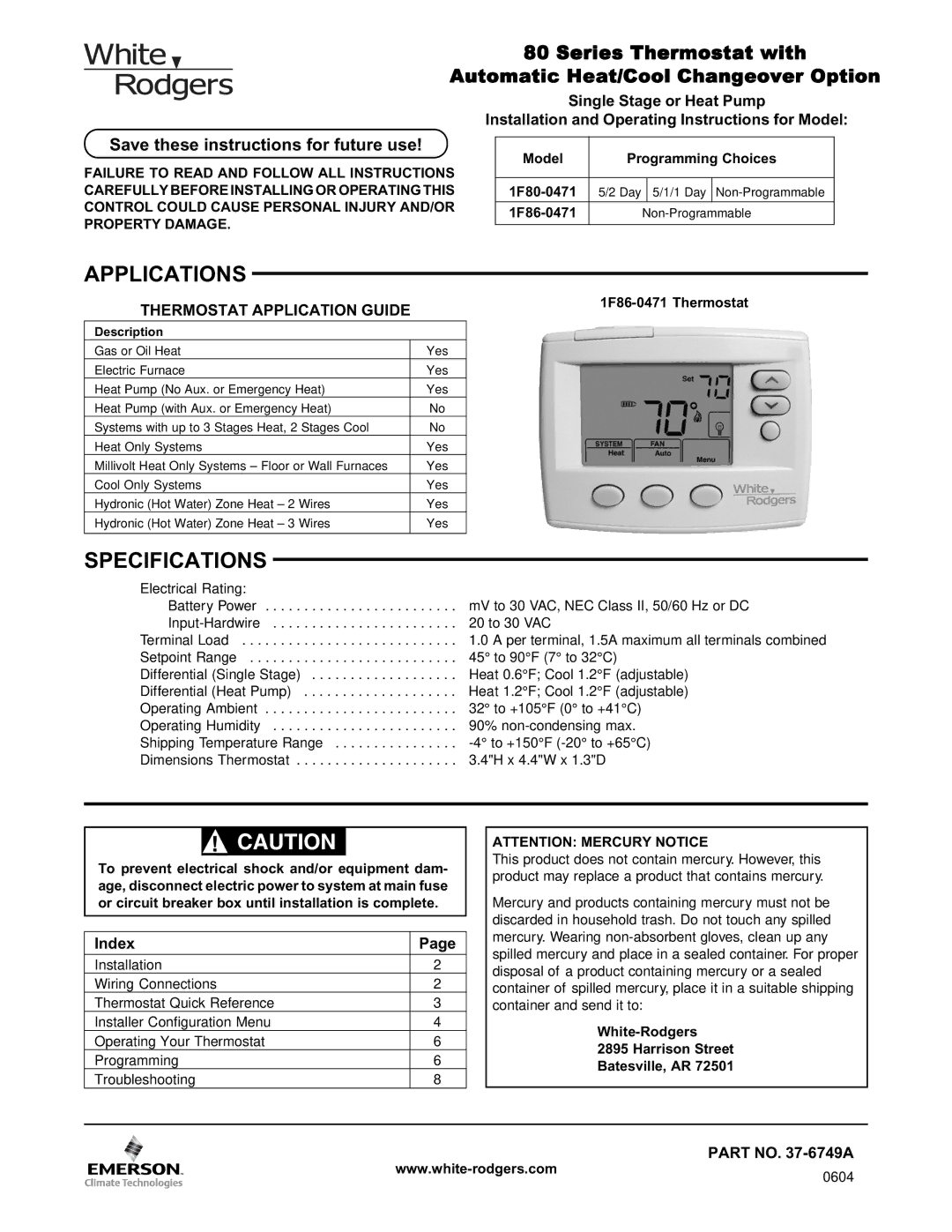 White Rodgers 1F80-0471 specifications Applications, Specifications, Save these instructions for future use, Index 