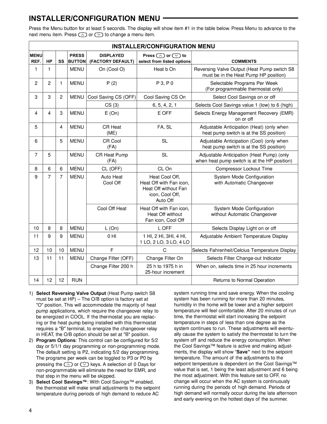 White Rodgers 1F86-0471, 1F80-0471 specifications INSTALLER/CONFIGURATION Menu 