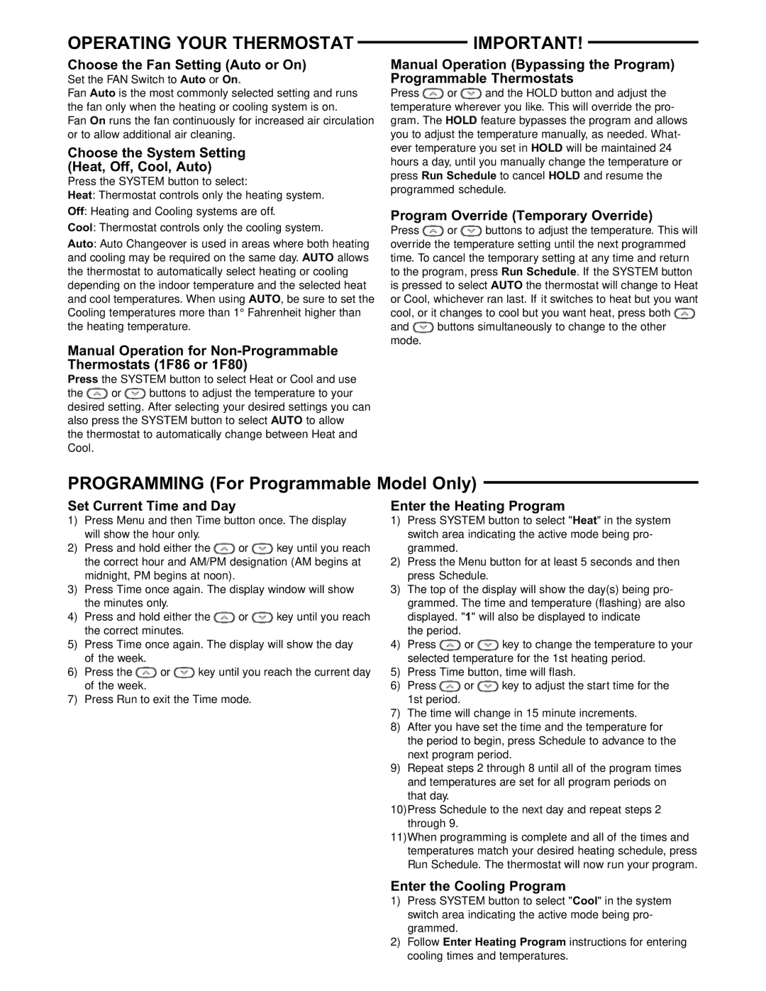 White Rodgers 1F86-0471, 1F80-0471 specifications Operating Your Thermostat 