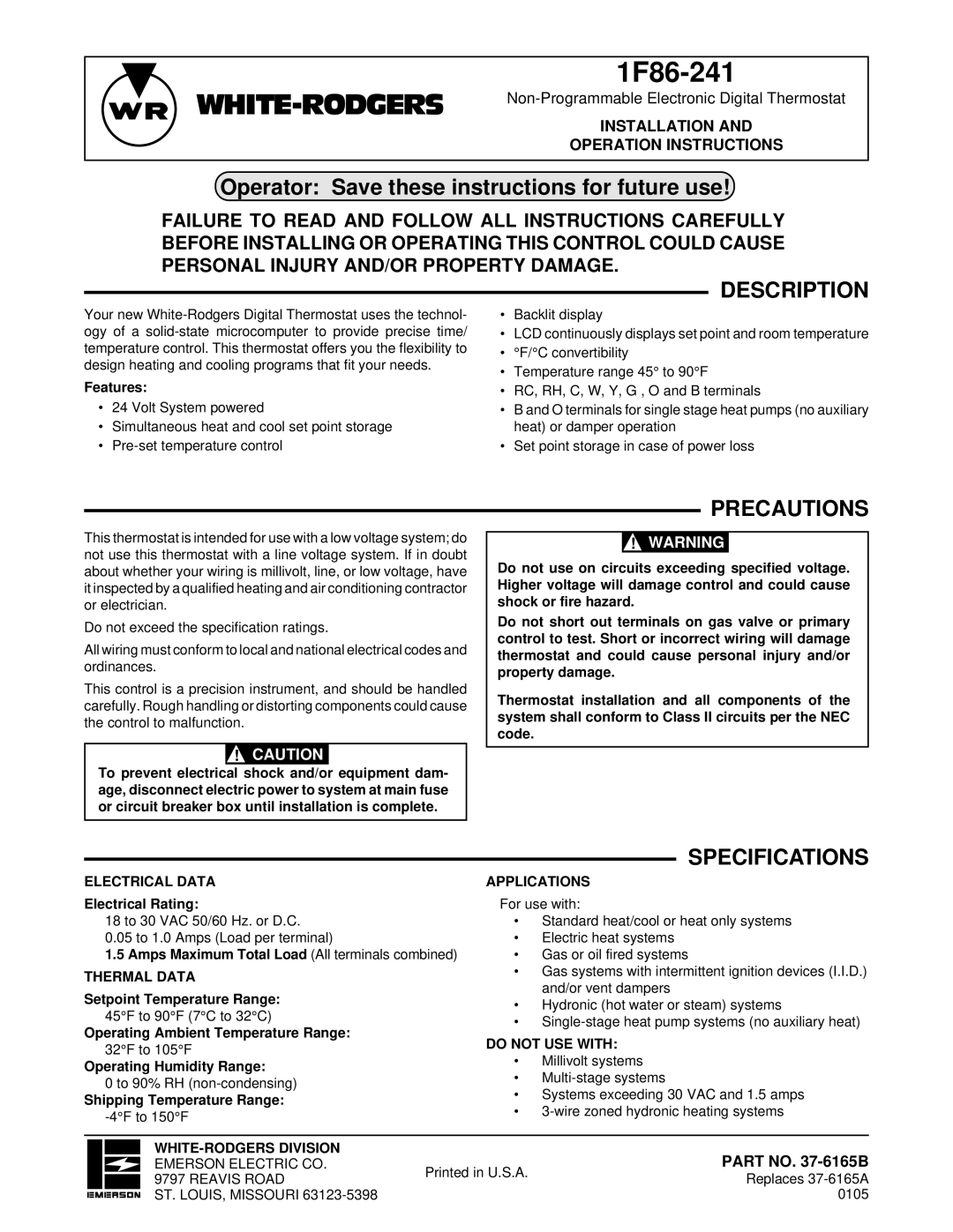 White Rodgers 1F86-241 specifications Description, Precautions, Specifications 