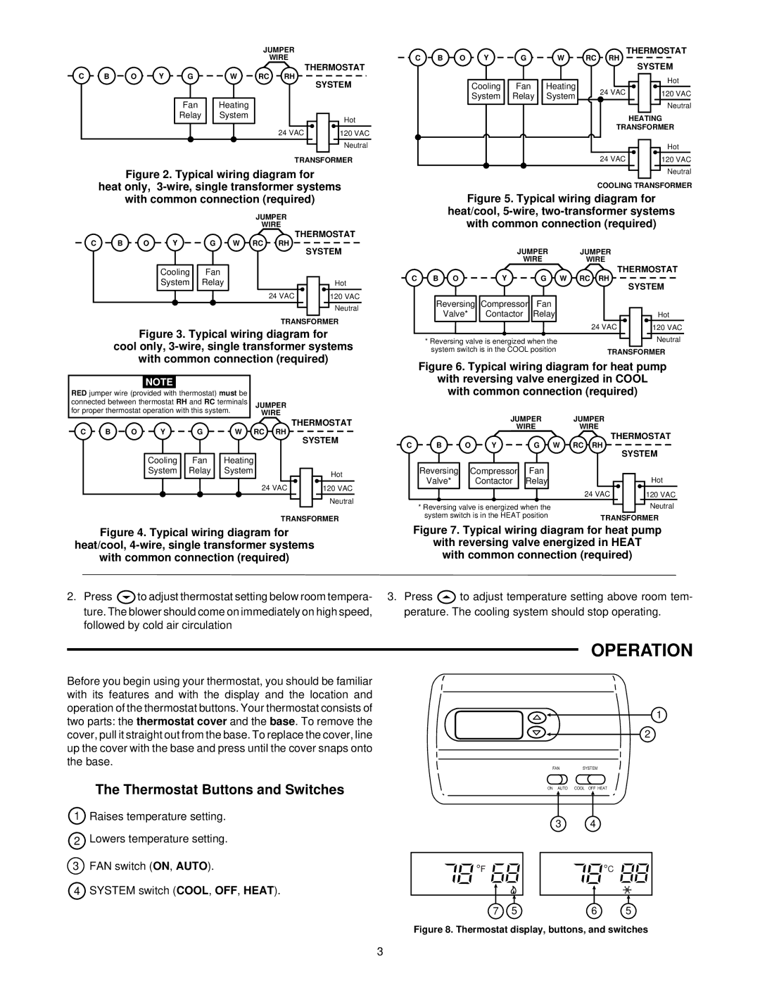 White Rodgers 1F86-241 specifications Thermostat Buttons and Switches, Cool only, 3-wire, single transformer systems 