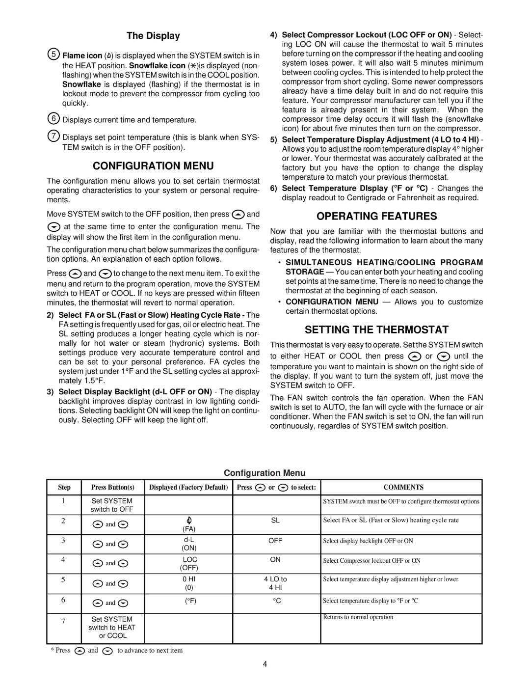 White Rodgers 1F86-241 specifications Configuration Menu, Operating Features, Setting the Thermostat, Display 