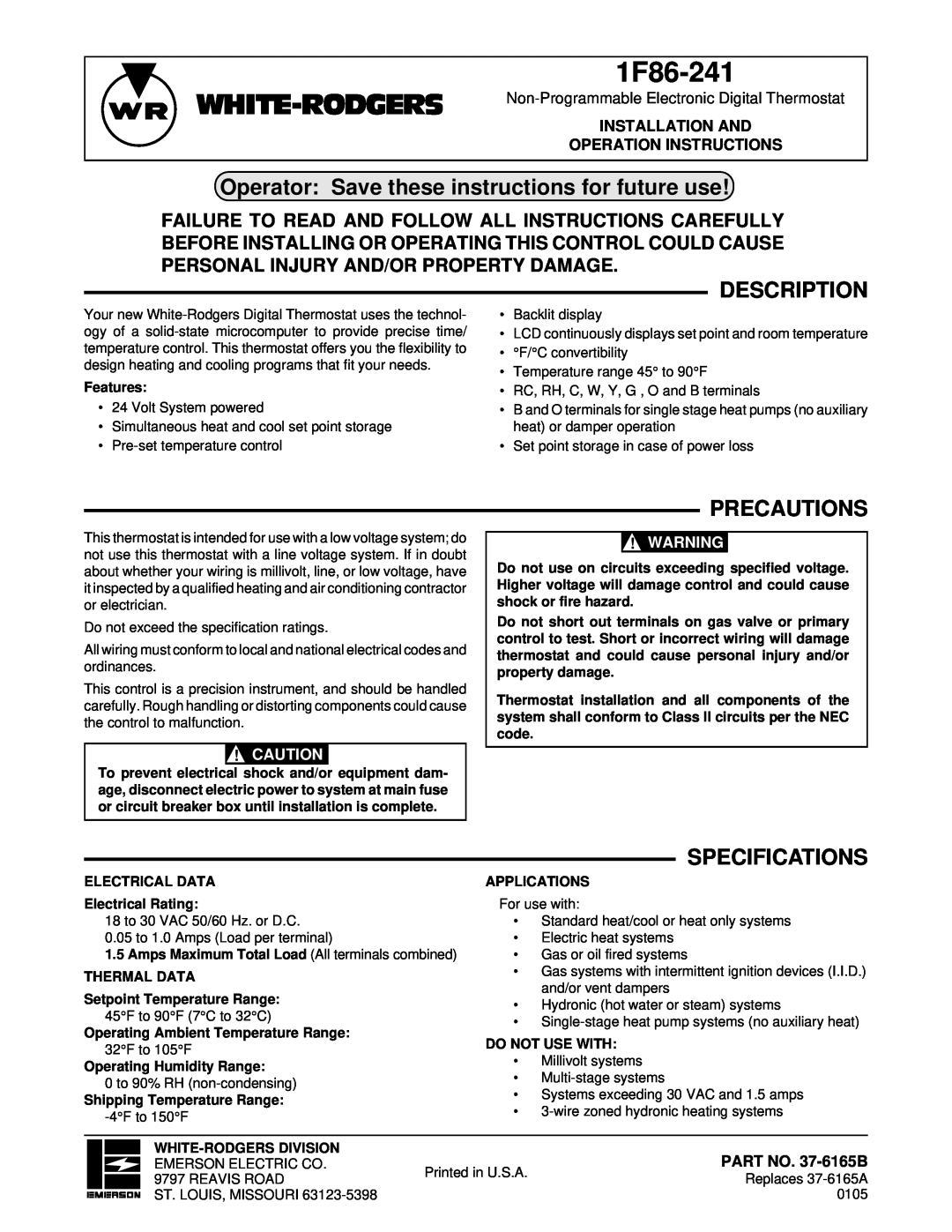White Rodgers 1F86-241 specifications Operator Save these instructions for future use, Description, Precautions 