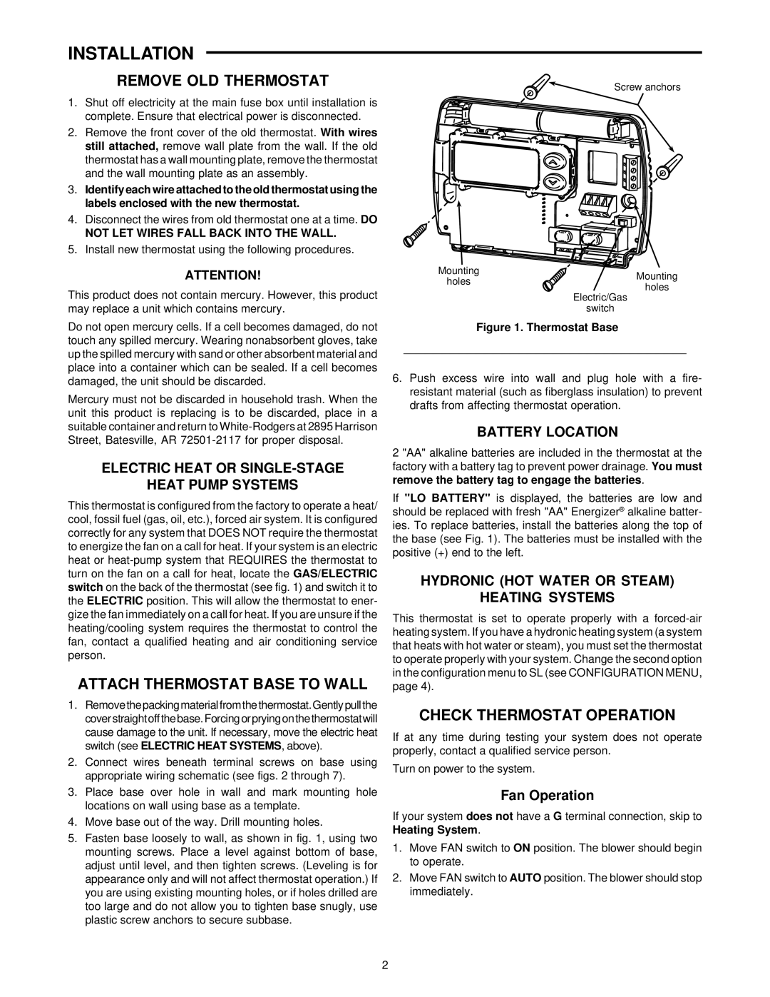 White Rodgers 1F86-344 Installation, Remove OLD Thermostat, Attach Thermostat Base to Wall, Check Thermostat Operation 