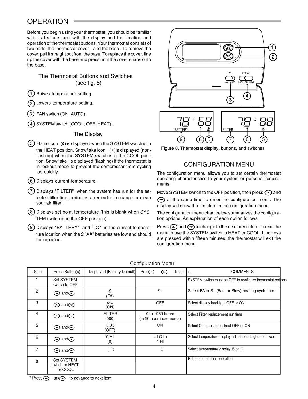 White Rodgers 1F86-344 specifications Operation, Configuration Menu, Thermostat Buttons and Switches See fig, Display 