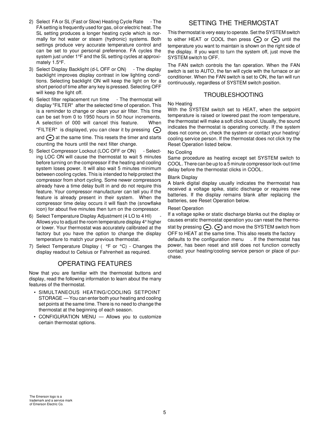 White Rodgers 1F86-344 specifications Operating Features, Setting the Thermostat, Troubleshooting 