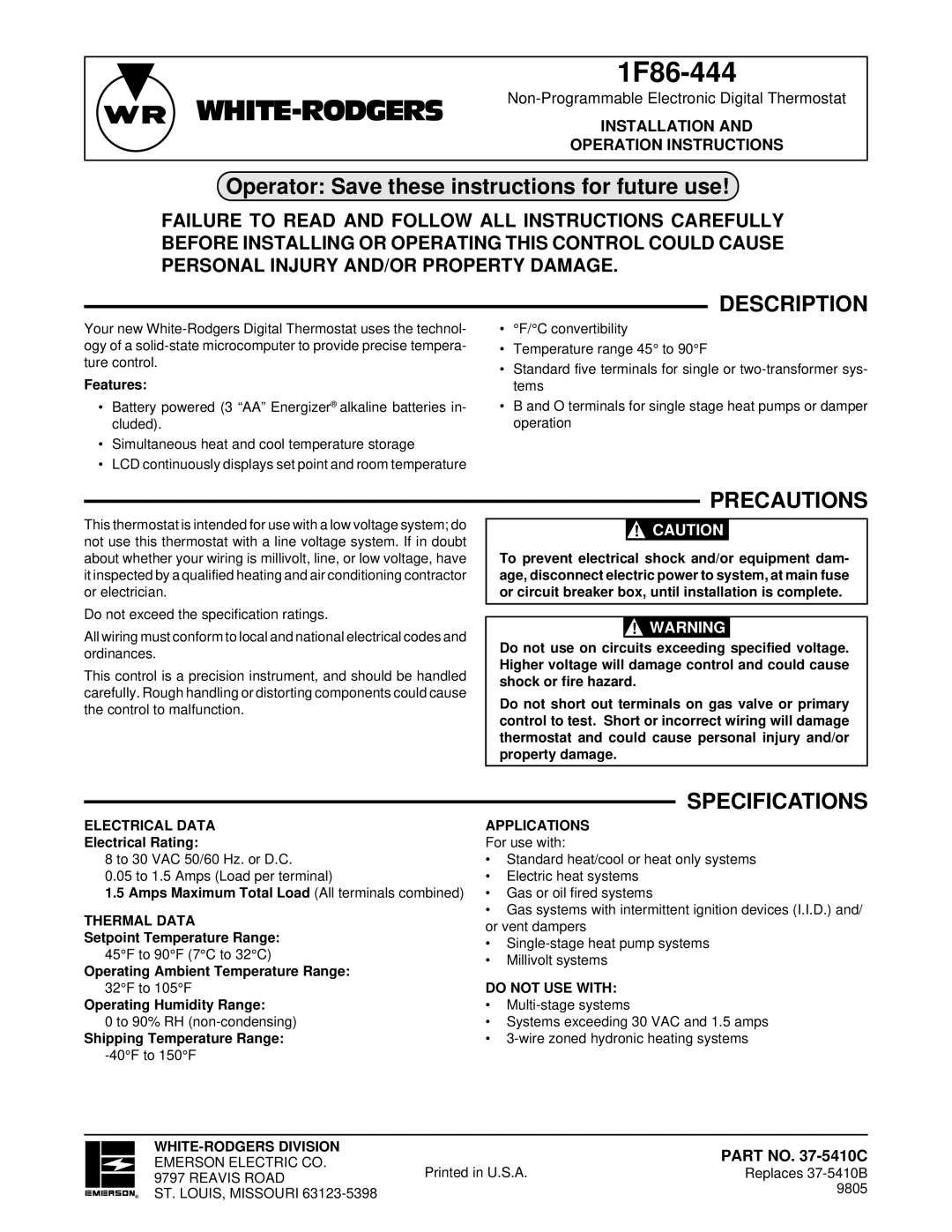 White Rodgers 1F86-444 specifications Description, Precautions 