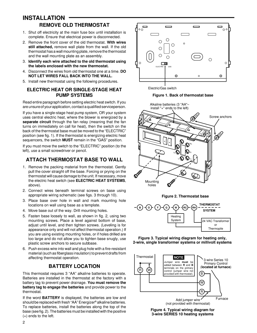 White Rodgers 1F86-444 specifications Installation, Remove OLD Thermostat, Attach Thermostat Base to Wall, Battery Location 