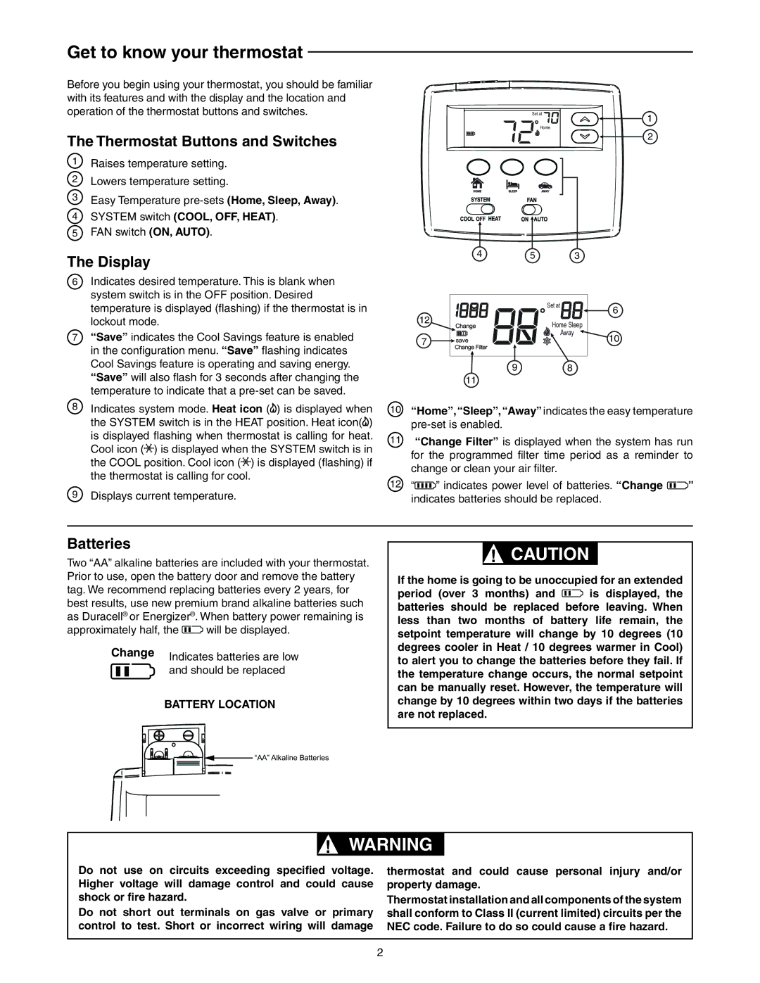 White Rodgers 1F86EZ-0251 Get to know your thermostat, Thermostat Buttons and Switches, Display, Batteries 