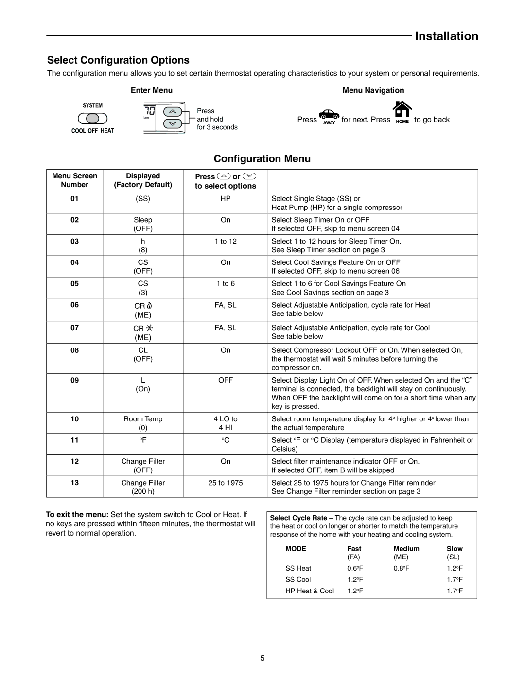 White Rodgers 1F86EZ-0251 Select Configuration Options, Configuration Menu, Enter Menu, Menu Navigation, To select options 