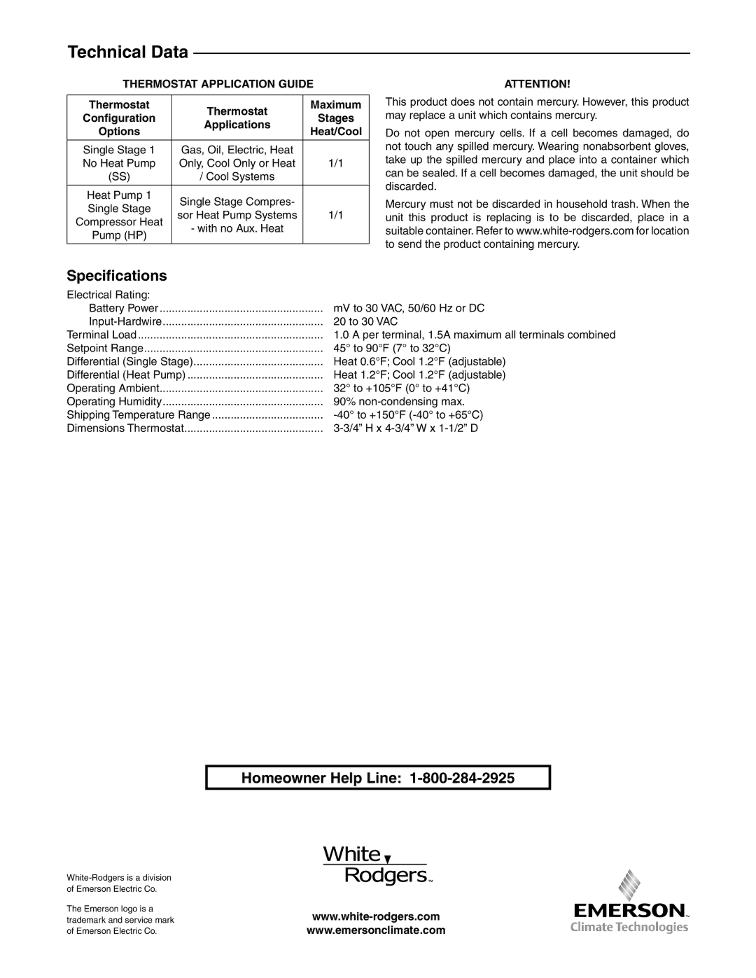 White Rodgers 1F86EZ-0251 installation instructions Specifications, Homeowner Help Line, Thermostat Application Guide 