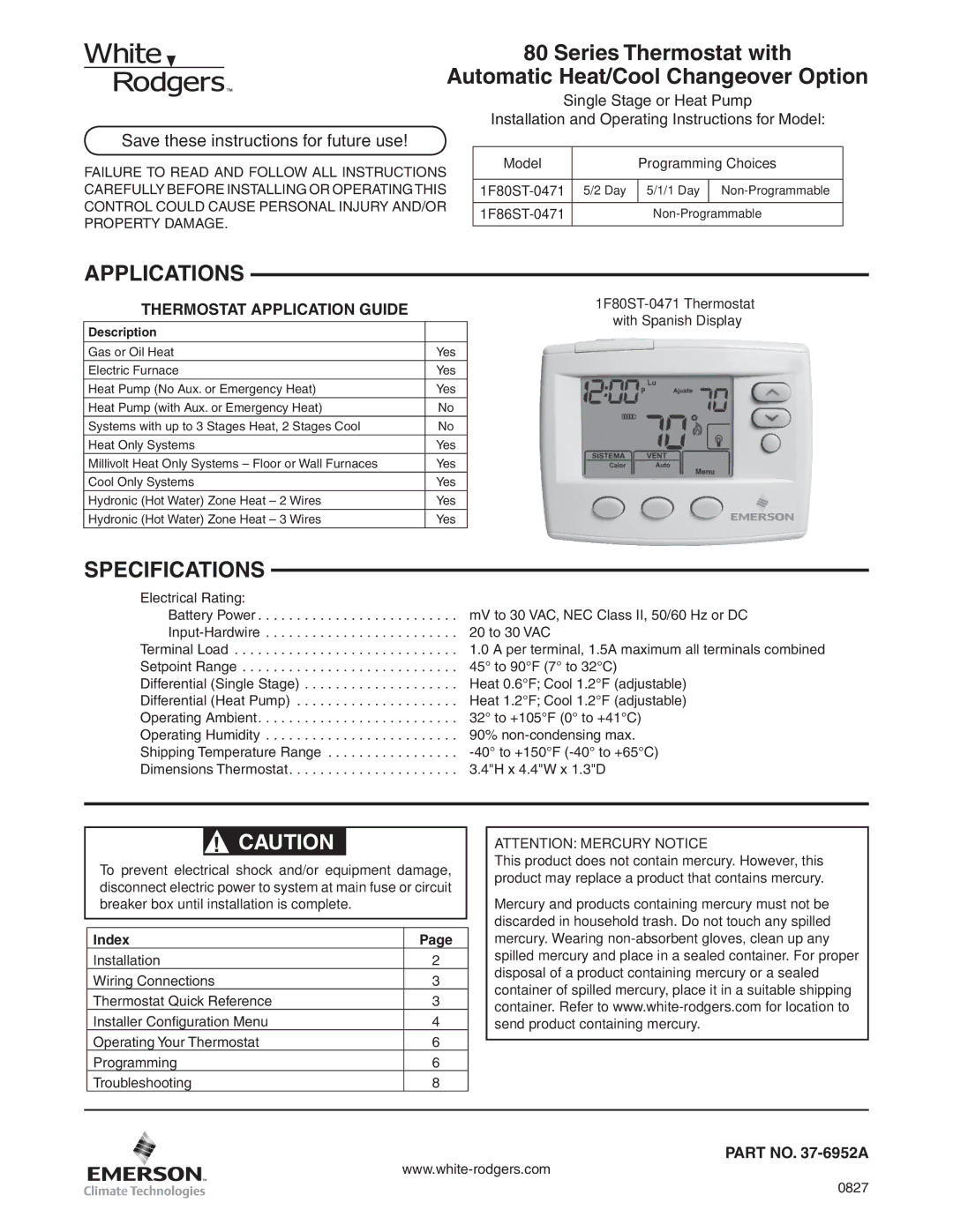 White Rodgers 1F80ST-0471, 1F86ST-0471 specifications Applications, Specifications, Index, 0827, Description 