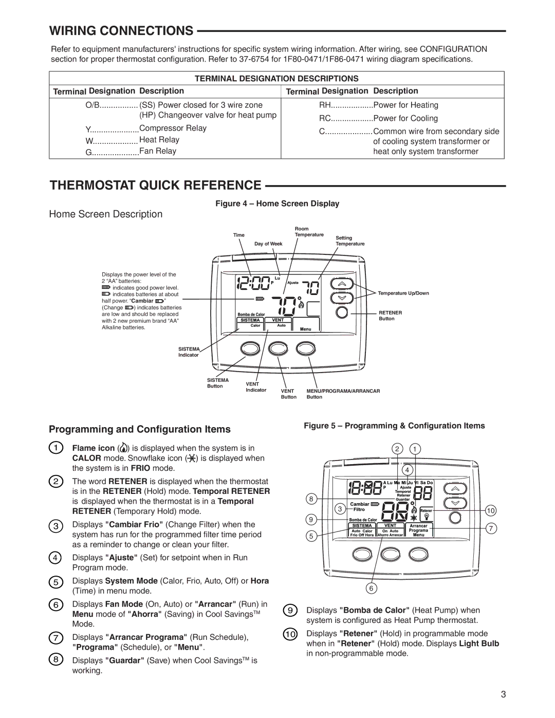 White Rodgers 1F80ST-0471, 1F86ST-0471 Wiring Connections, Thermostat Quick Reference, Programming and Conﬁguration Items 