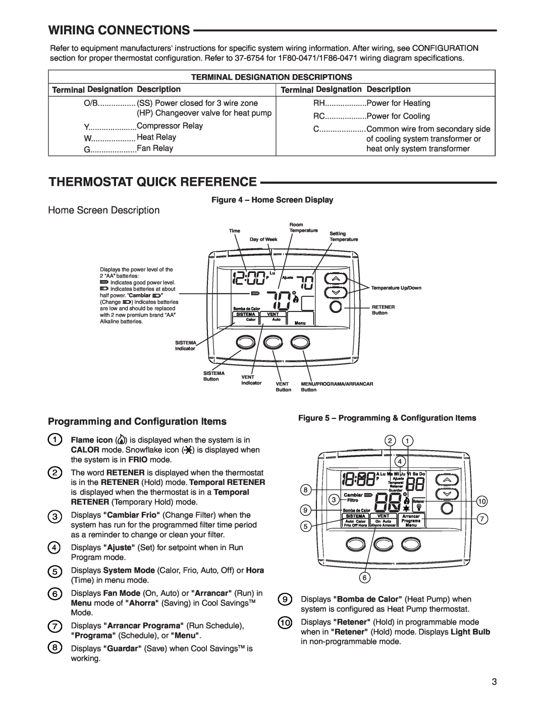 White Rodgers 1F80ST-0471 Wiring Connections, Thermostat Quick Reference, Programming and Conﬁguration Items, Description 