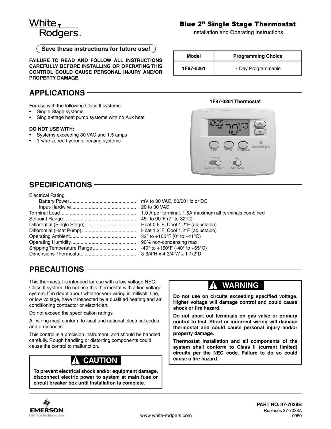 White Rodgers 1F87-0261 specifications Applications, Specifications, Precautions, Model Programming Choice 