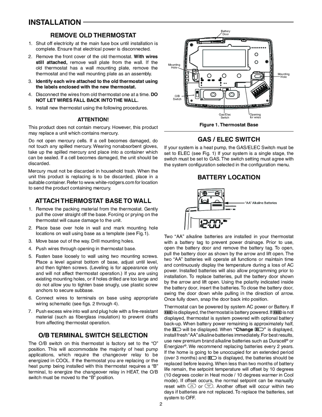 White Rodgers 1F87-0261 specifications Installation, Remove OLD Thermostat, GAS / Elec Switch, Terminal Switch Selection 