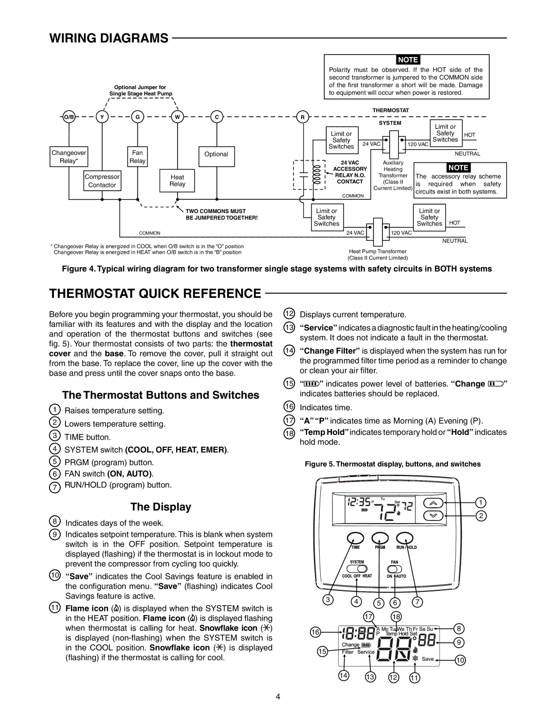 White Rodgers 1F87-0261 Thermostat Quick Reference, Thermostat Buttons and Switches, Display, Indicates days of the week 