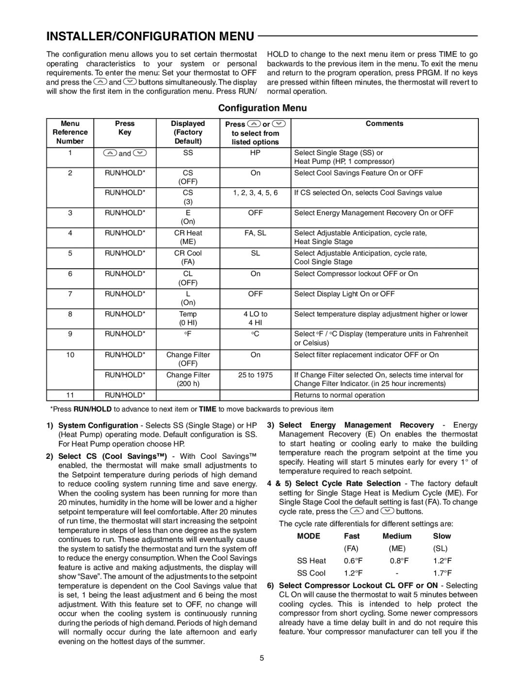 White Rodgers 1F87-0261 INSTALLER/CONFIGURATION Menu, Select Energy Management Recovery Energy, Fast Medium Slow 