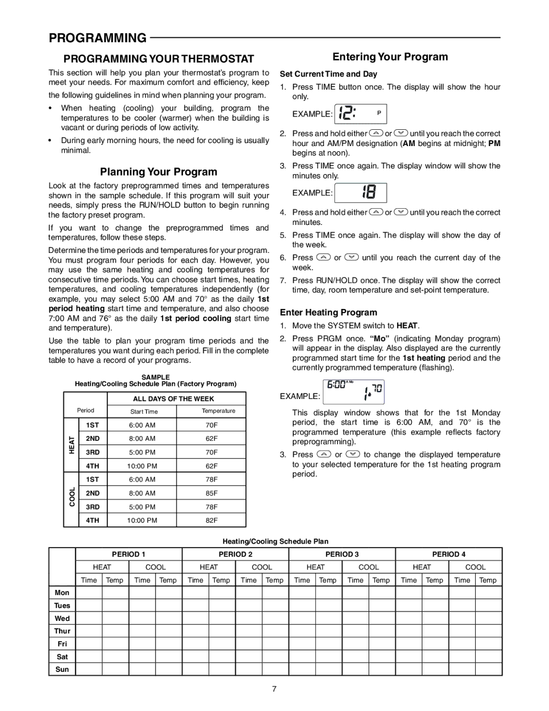 White Rodgers 1F87-0261 specifications Programming Your Thermostat, Planning Your Program, Entering Your Program 