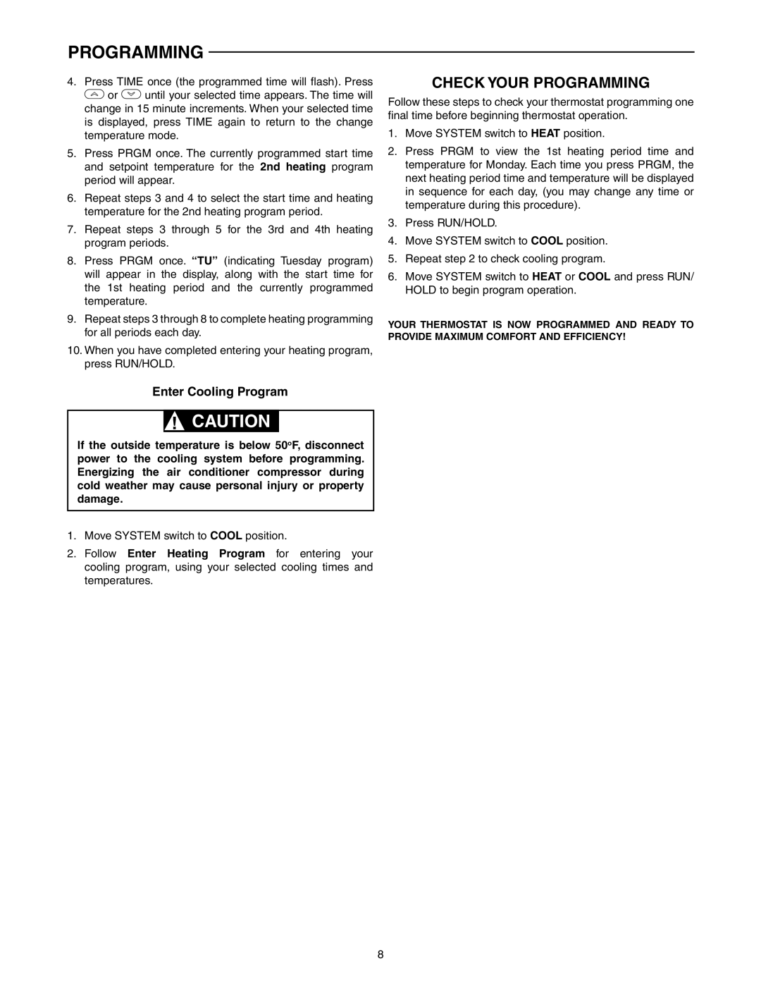 White Rodgers 1F87-0261 specifications Check Your Programming, Enter Cooling Program 